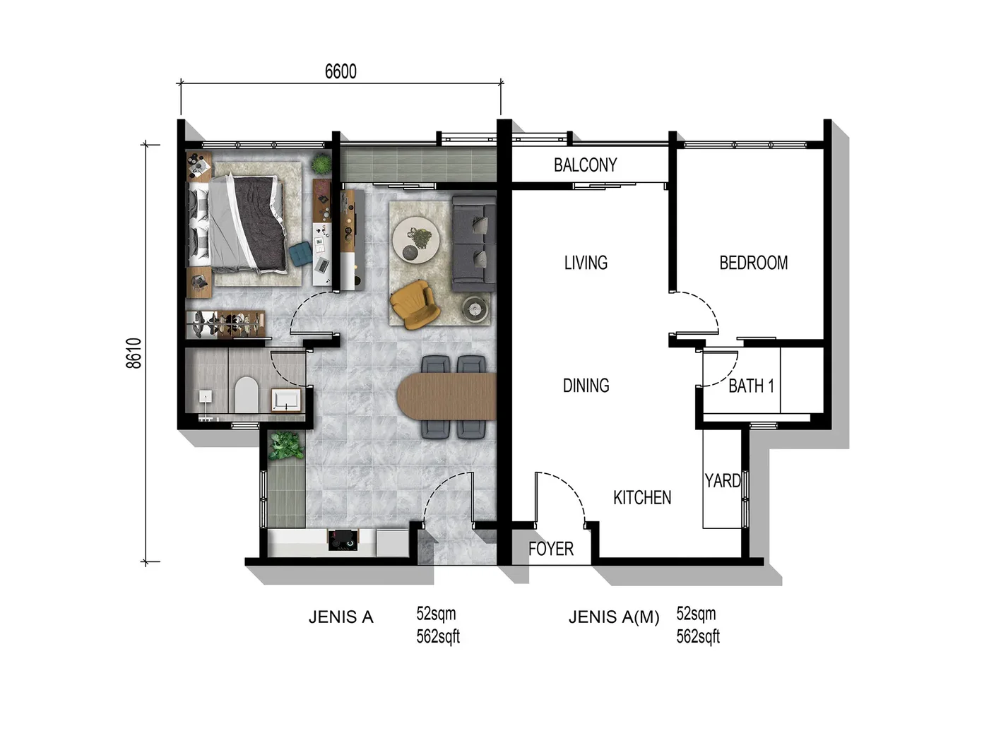 Parkland by the River Type A floor plan, 562 sq.ft., 1 bedroom 1 bathroom, with balcony, living, dining and kitchen