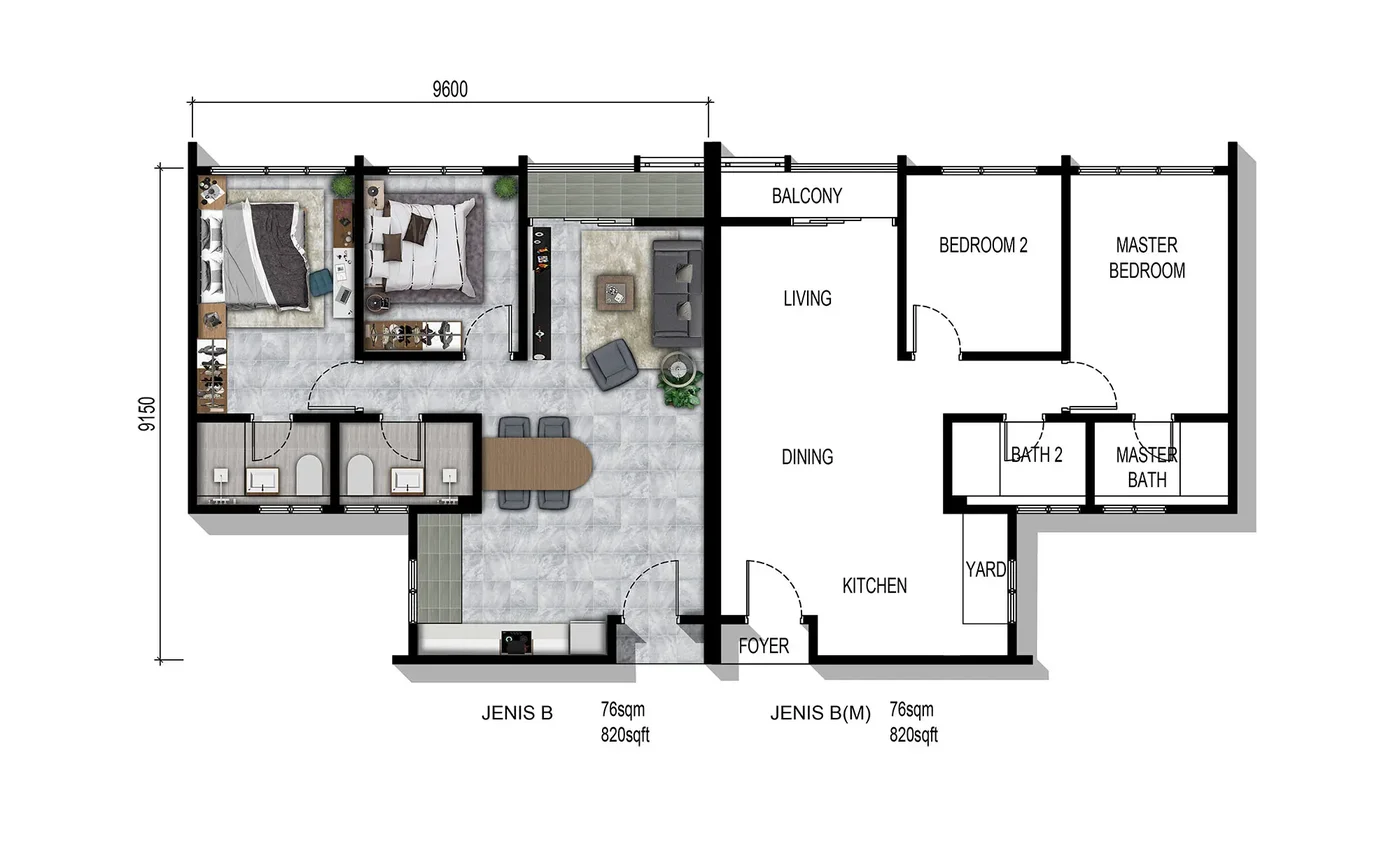 Parkland by the River Type B floor plan, 820 sq.ft., 2 bedrooms 2 bathrooms, master bedroom and bedroom 2, with balcony, living, dining and kitchen
