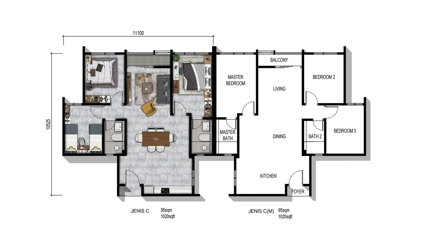 Parkland by the River Type C floor plan, 1020 sq.ft., 3 bedrooms 2 bathrooms, master bedroom, bedroom 2 and bedroom 3, with living, dining and open-concept kitchen