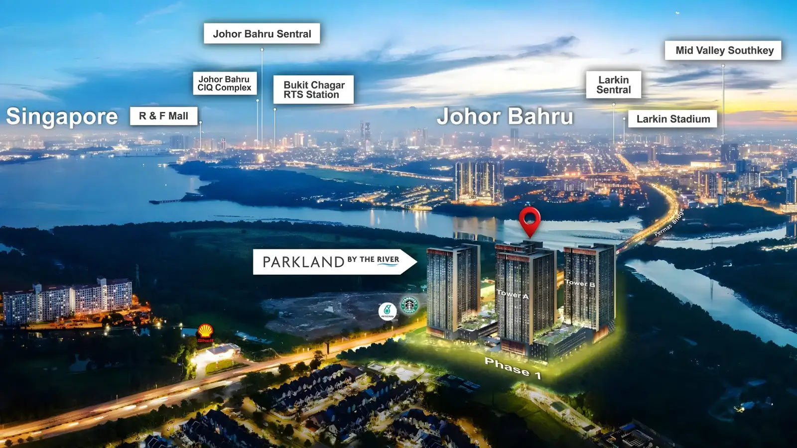 Aerial dusk render of Parkland by the River Phase 1, Tower A and Tower B, beside the Tebrau River and Permas Bridge in Permas Jaya, Johor Bahru