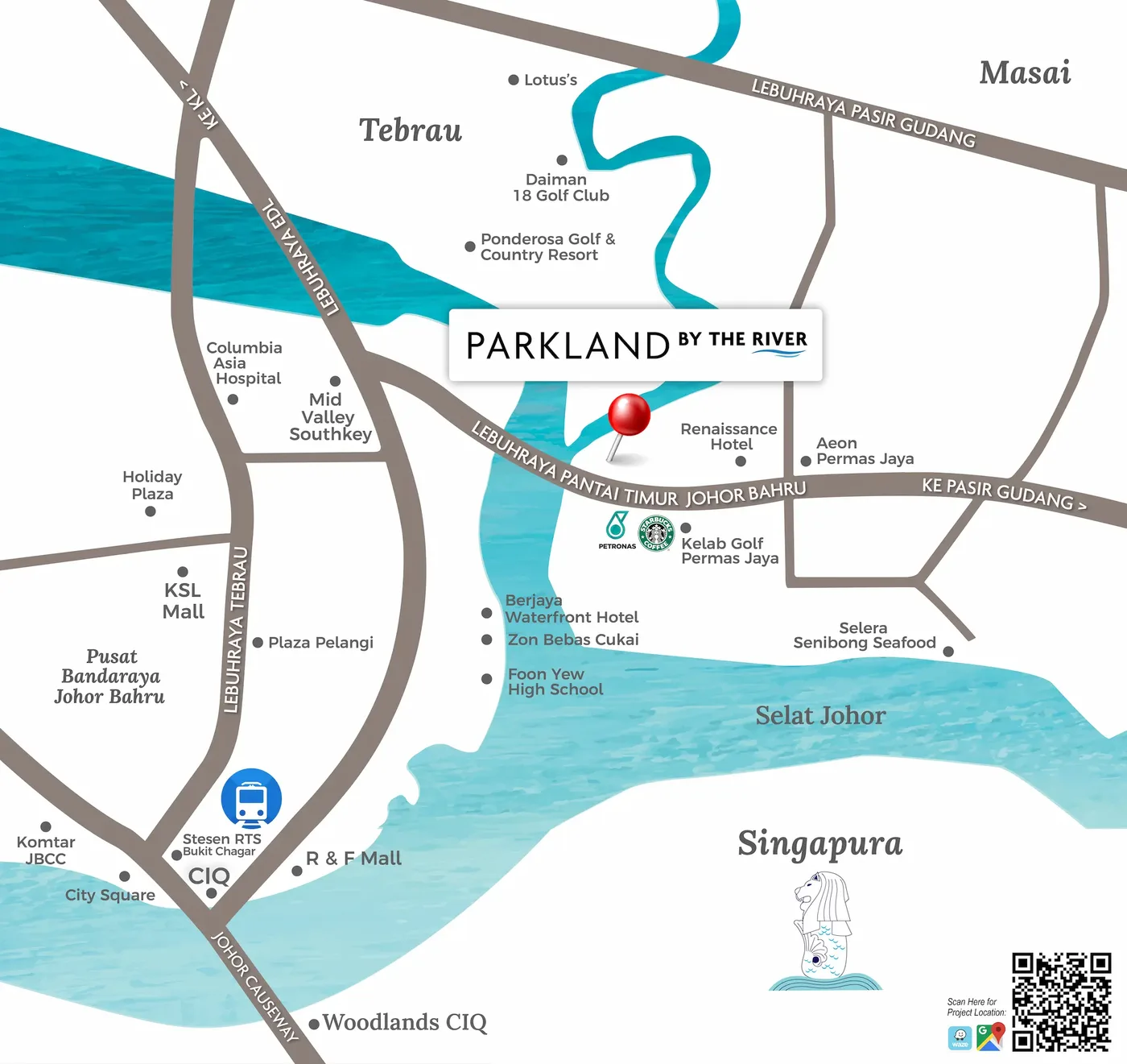 Parkland by the River location map, Permas Jaya, showing nearby CIQ, RTS Bukit Chagar, Mid Valley Southkey and KSL Mall